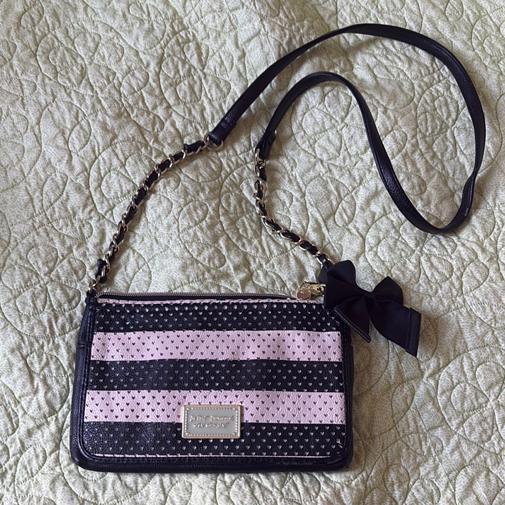 Betsey Johnson cream and black stripe small crossbody with mint accents